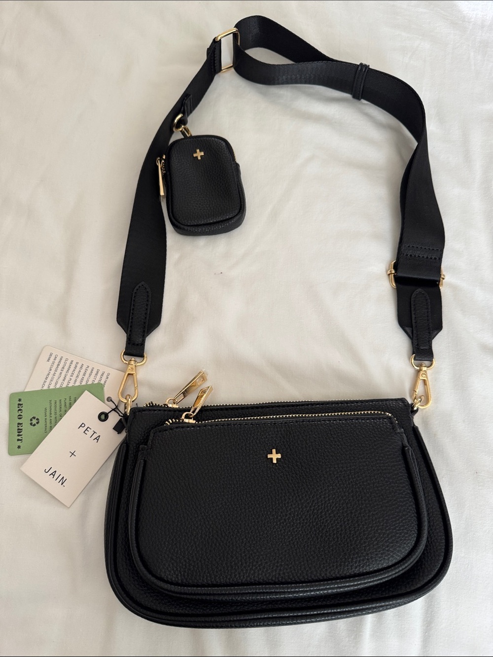 Peta + Jain Marmont Black Pebbled Vegan Double Pouch Crossbody Bag NWT